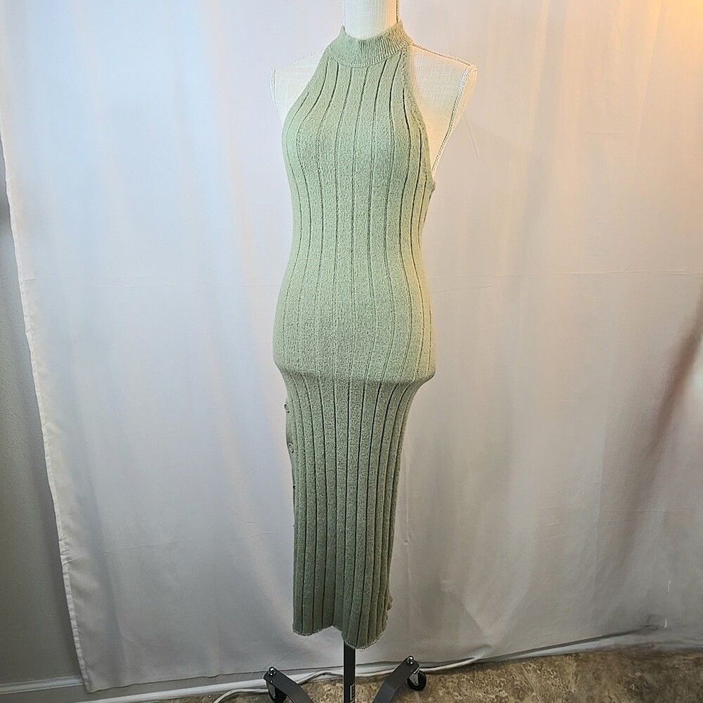 Forever 21 Knit Midi Sweater Dress Halter Neck Sleeveless Sz Small Mossy Green